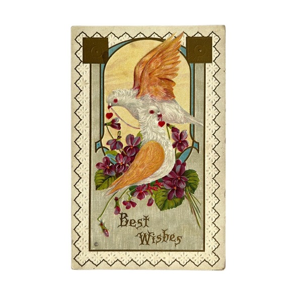 Antique Early 1900s Ephemera Embossed Unposted Signed Postcard White Doves SEE - Picture 2 of 6